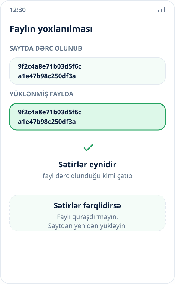 Yoxlama cəminin tutuşdurulması: yüklənmiş faylın heşi saytda dərc olunanla üst-üstə düşür