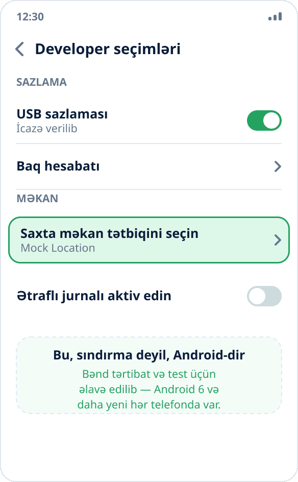 Android tərtibatçı seçimlərində «Saxta məkan tətbiqini seçin» bəndi — USB sazlaması ilə eyni yerdə
