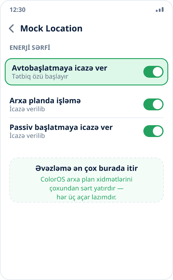 ColorOS-da tətbiqin idarəsi: Mock Location üçün avtobaşlatma və arxa plan işinə icazə verilib