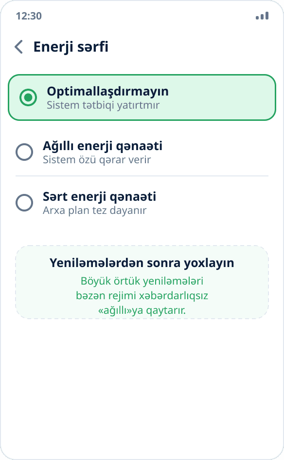 ColorOS-da enerji sərfi rejiminin seçilməsi: tətbiq üçün «Optimallaşdırma» söndürülüb