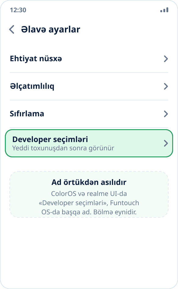 ColorOS-da «Əlavə ayarlar» bölməsi: siyahının sonunda «Developer seçimləri» bəndi