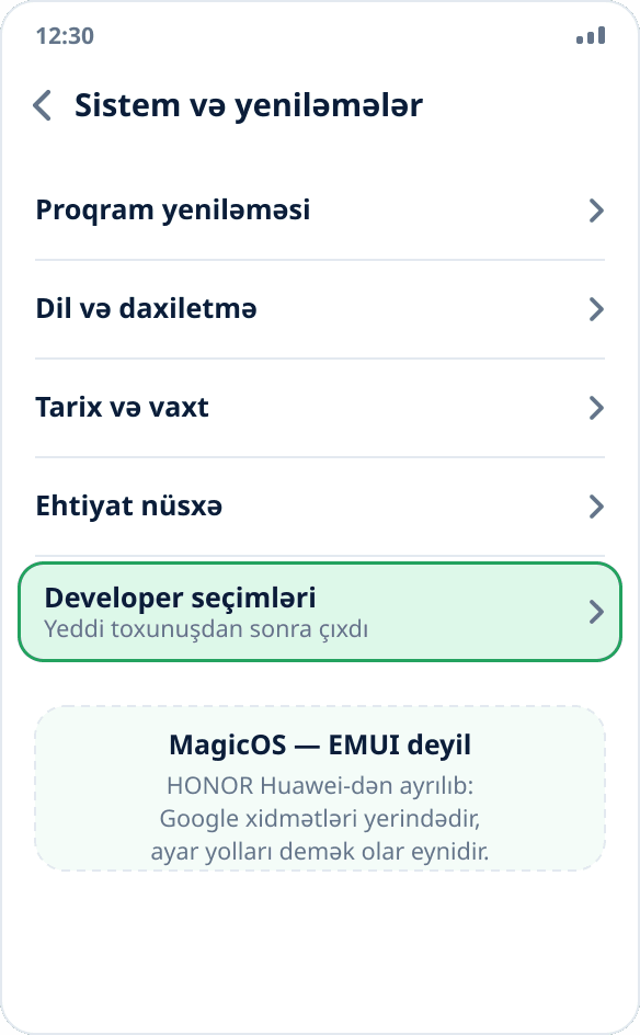 HONOR-da «Sistem və yeniləmələr» bölməsi: rejim aktivləşdikdən sonra «Developer seçimləri» bəndi