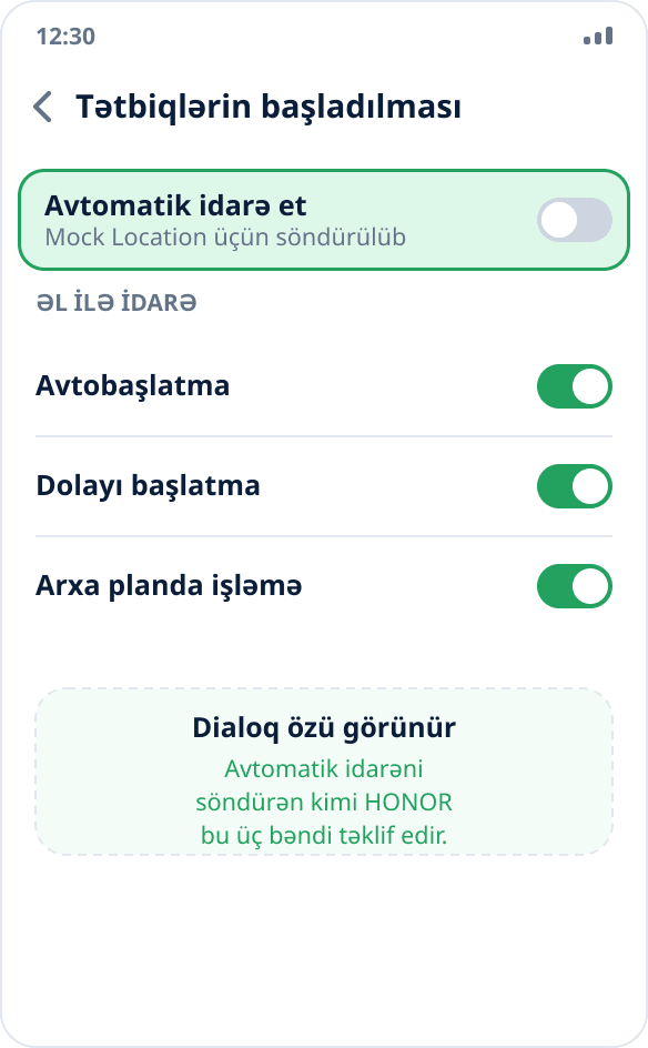 HONOR-da tətbiqin başladılmasının idarəsi: avtobaşlatma, dolayı başlatma və arxa planda işləmə aktiv olan əl rejimi