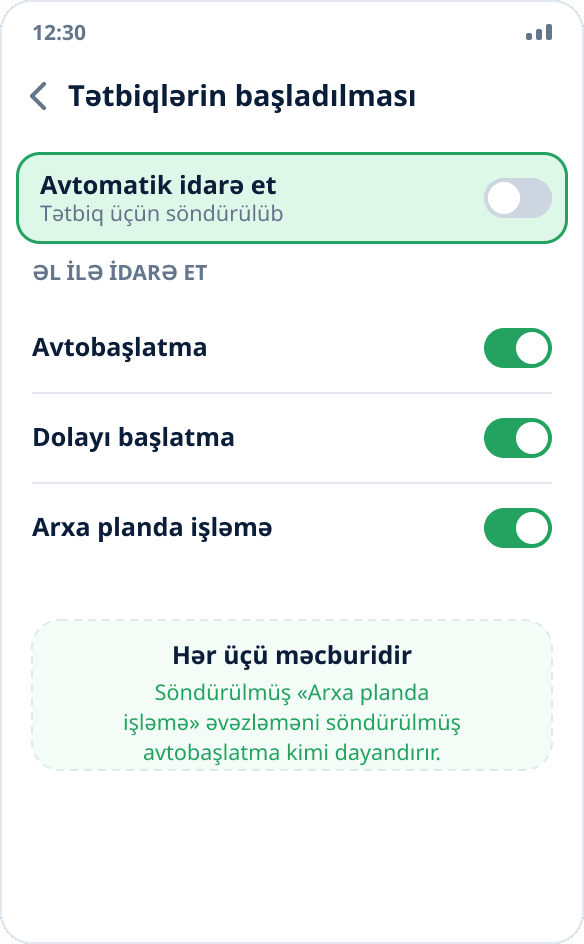 Huawei ayarları: Mock Location üçün avtomatik başlatma idarəsi söndürülüb, üç açar aktivdir