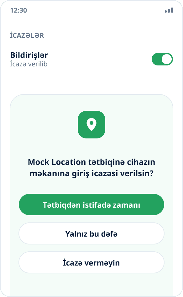 Mock Location tətbiqi üçün məkana giriş barədə Android sistem sorğusu