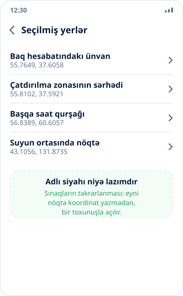 Mock Location-da seçilmiş yerlərin siyahısı: təkrarlanan sınaqlar üçün istinad nöqtələri