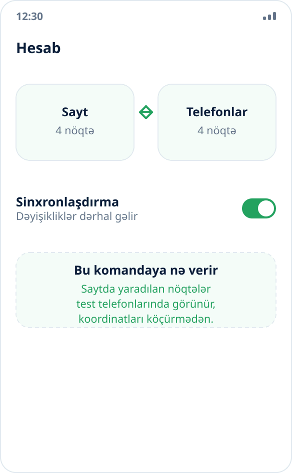 Nöqtələr dəstinin hesab vasitəsilə sayt və test cihazları arasında sinxronlaşdırılması