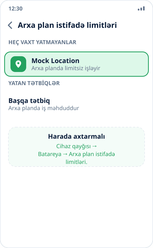 Samsung ayarları: Mock Location arxa plan işi üçün heç vaxt yatmayan tətbiqlər siyahısına əlavə edilib