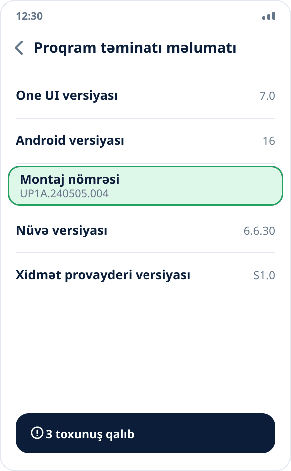 Samsung-da «Proqram təminatı məlumatı» ekranı: yeddi dəfə toxunulmalı olan «Montaj nömrəsi» seçilib