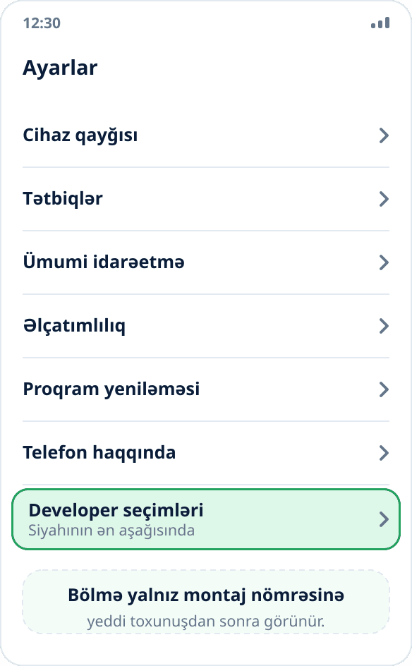 Samsung ayarlarının ümumi siyahısı: «Developer seçimləri» bəndi ən aşağıdadır