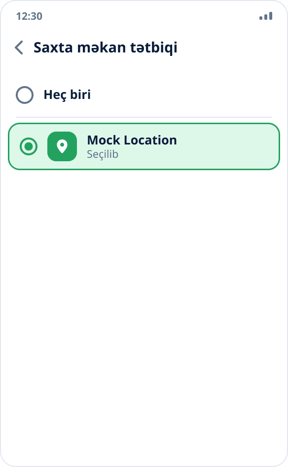 Saxta məkan tətbiqinin seçilməsi: Mock Location işarələnib, «Heç biri» seçilməyib
