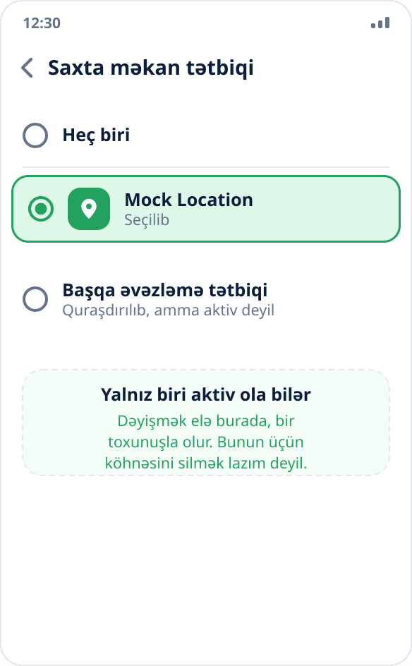 Saxta məkan tətbiqlərinin siyahısı: ikisi quraşdırılıb, biri seçilib — sistem yalnız bir aktiv tətbiqə icazə verir