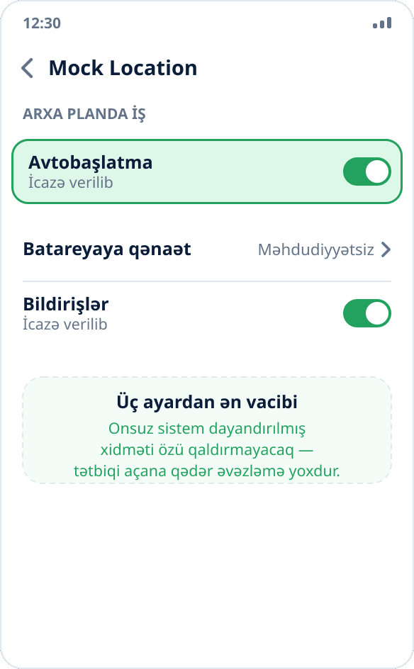 MIUI ayarlarında tətbiq ekranı: «Avtobaşlatma» açarı aktivdir