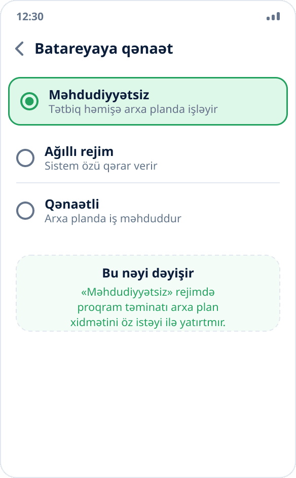 Tətbiq üçün batareyaya qənaət rejiminin seçilməsi: «Məhdudiyyətsiz» işarələnib