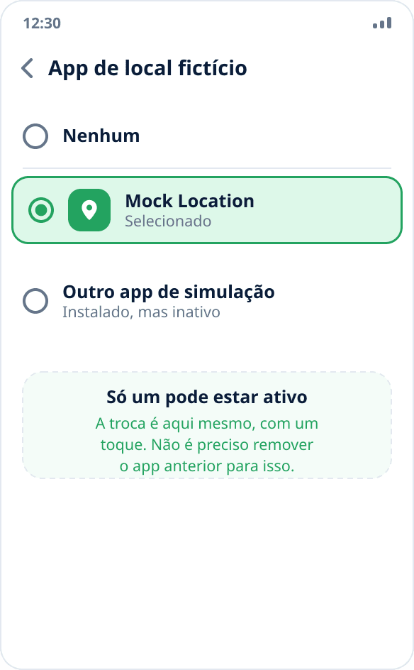 Lista de apps de local fictício: dois instalados, um selecionado — o sistema só permite um ativo