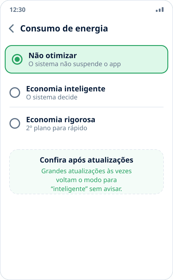 Escolha do modo de consumo de energia na ColorOS: “Não otimizar” está marcado para o app