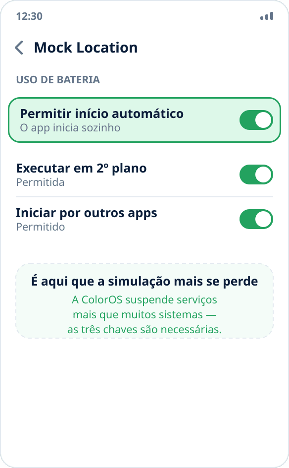 Gerenciamento do app na ColorOS: início automático e segundo plano permitidos para o Mock Location