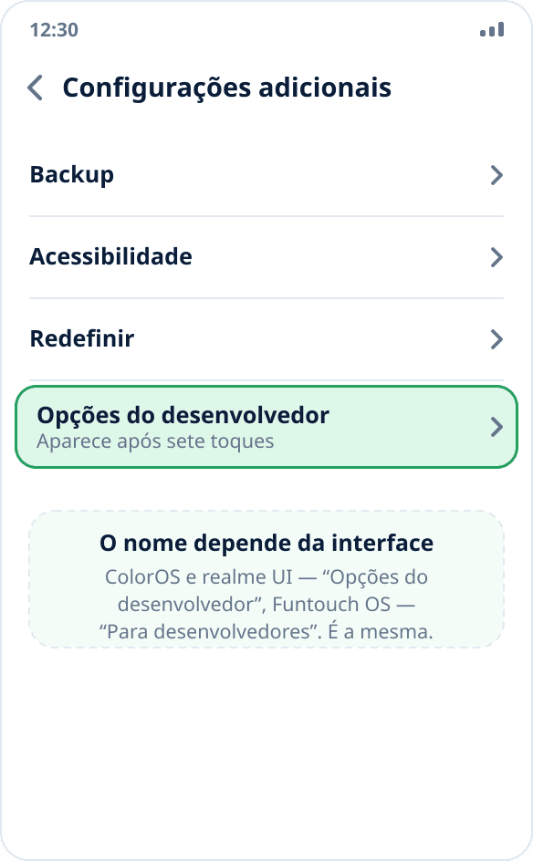A seção “Configurações adicionais” na ColorOS: “Opções do desenvolvedor” no fim da lista