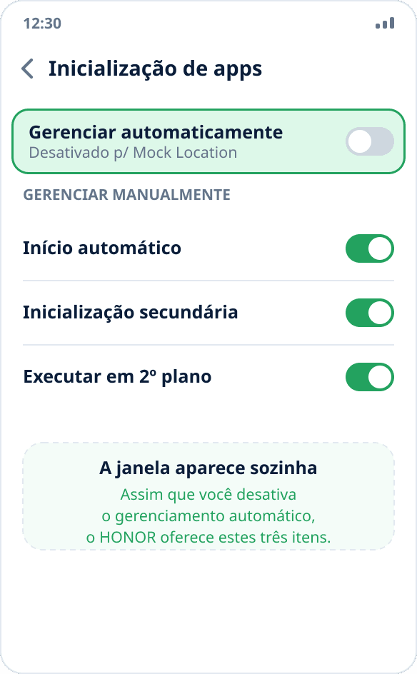 Gerenciamento de inicialização no HONOR: modo manual com início automático, inicialização secundária e segundo plano ativados