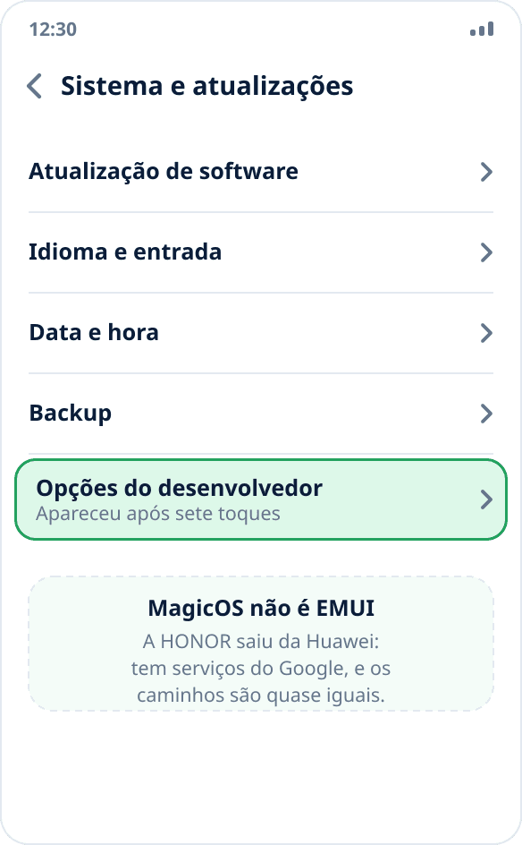 A seção “Sistema e atualizações” no HONOR: “Opções do desenvolvedor” depois de ativar o modo