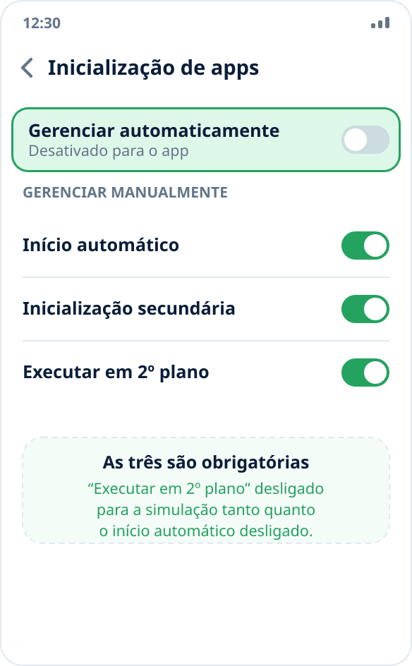 Configurações da Huawei: o gerenciamento automático de inicialização está desativado para o Mock Location, com três chaves ativadas
