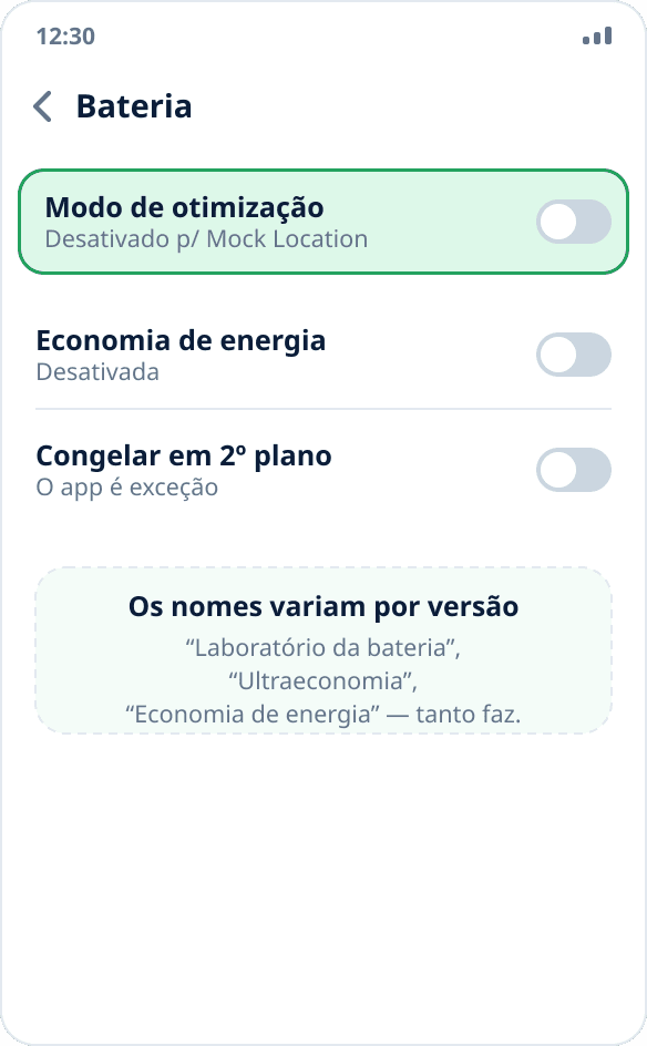 Configurações de bateria no Tecno e Infinix: otimização e economia de energia desativadas para o app