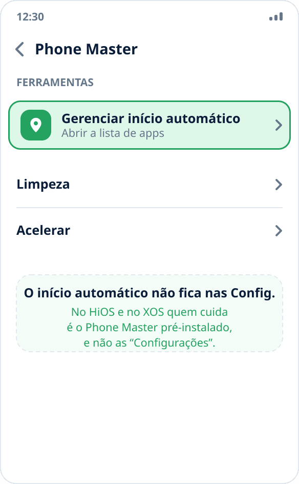 O app Phone Master no Tecno e Infinix: a seção “Gerenciar início automático” com a chave ativada
