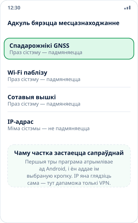 Чатыры крыніцы месцазнаходжання ў тэлефоне: спадарожнікі, Wi-Fi, вышкі сотавай сувязі і IP-адрас