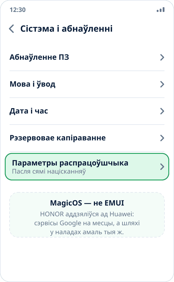 Раздзел «Сістэма і абнаўленні» на HONOR: пункт «Параметры распрацоўшчыка» пасля ўключэння рэжыму