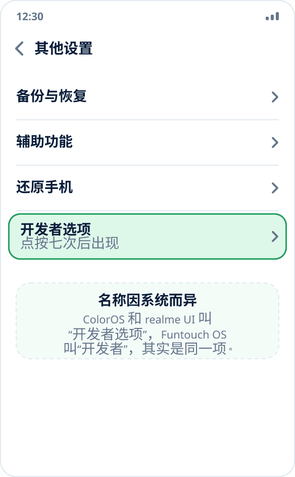 ColorOS 的“其他设置”:“开发者选项”位于列表末尾