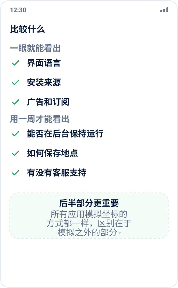 选择虚拟定位应用的清单:语言、安装来源、后台表现、地点存储、广告