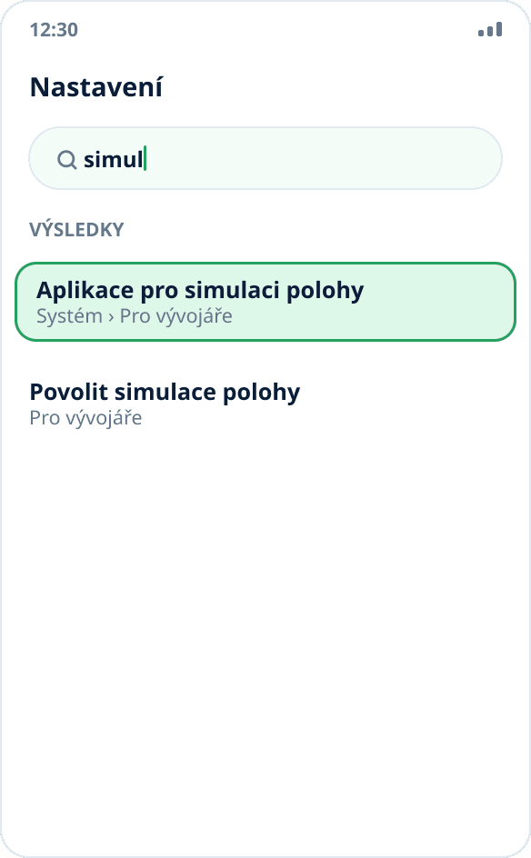 Hledání v nastavení Androidu na dotaz „simul“: nalezena položka „Aplikace pro simulaci polohy“