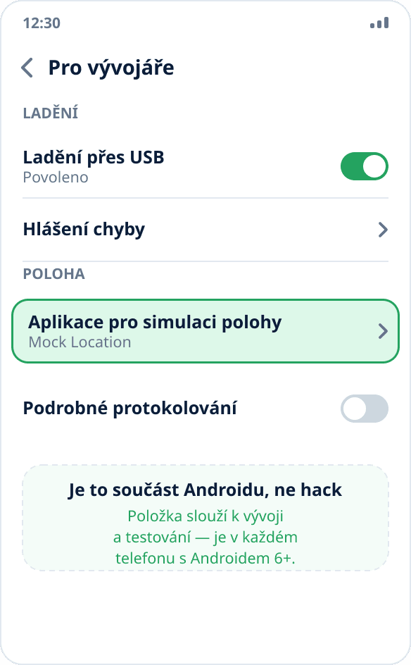 Položka „Aplikace pro simulaci polohy“ v nastavení Pro vývojáře v Androidu — vedle ladění přes USB