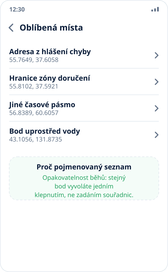Seznam oblíbených míst v Mock Location: sada referenčních bodů pro opakovatelné běhy
