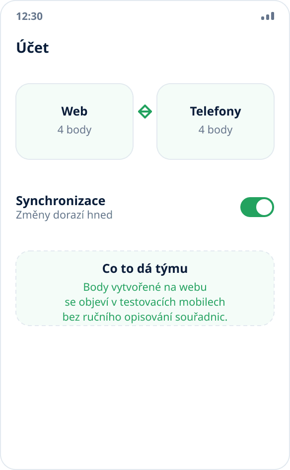 Synchronizace sady bodů mezi webem a testovacími zařízeními přes účet