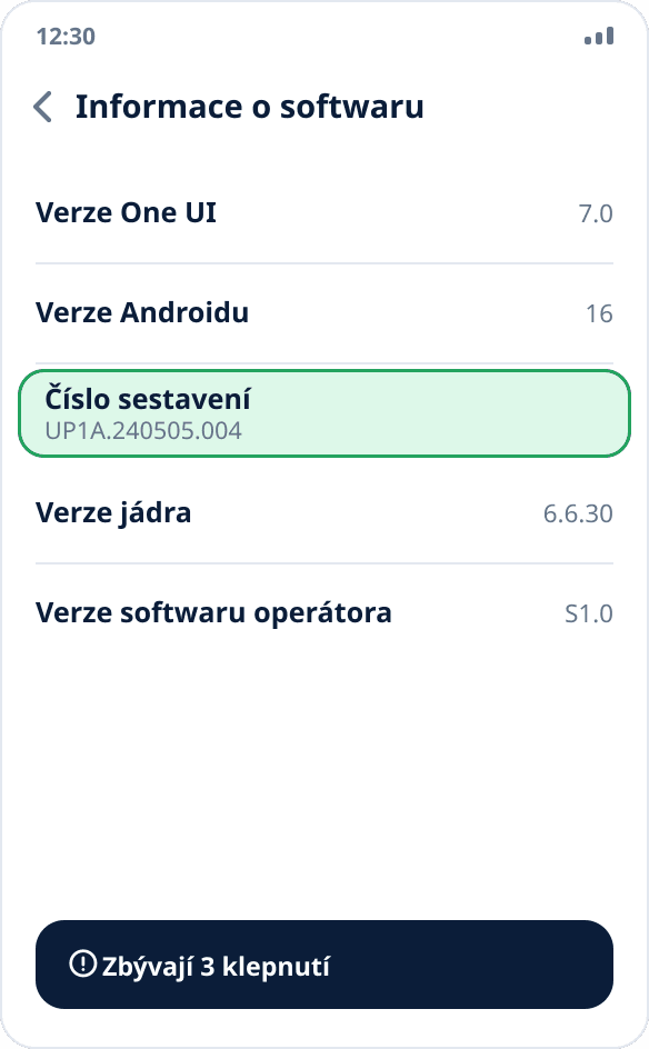 Obrazovka „Informace o softwaru“ na Samsungu: zvýrazněná položka „Číslo sestavení“, na kterou je třeba klepnout sedmkrát