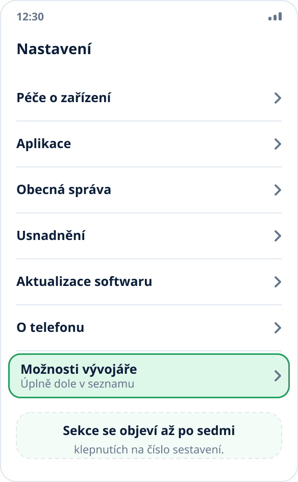 Hlavní seznam nastavení Samsungu: položka „Možnosti vývojáře“ je úplně dole