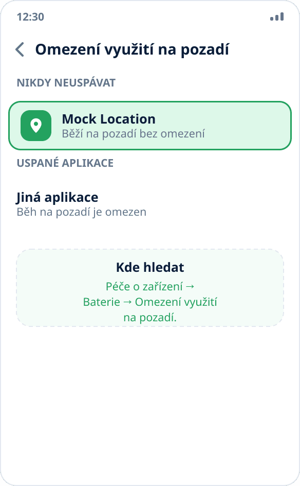 Nastavení Samsungu: aplikace Mock Location je přidaná do seznamu neomezených aplikací na pozadí