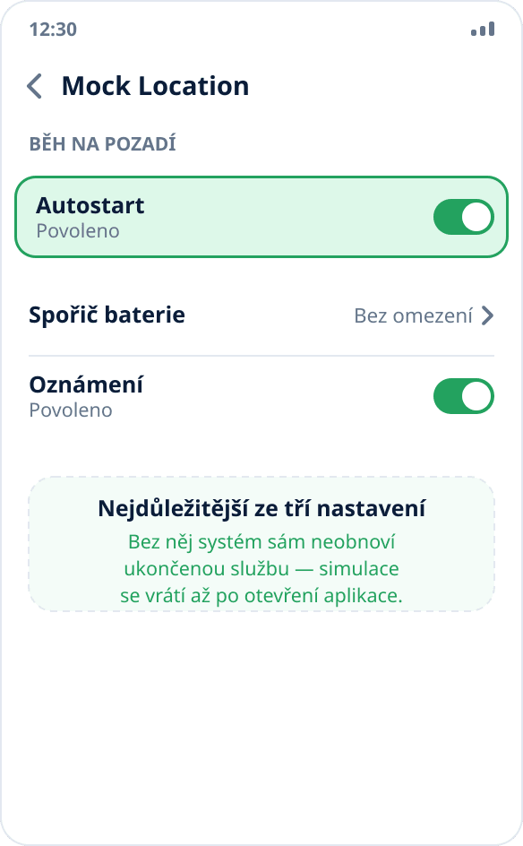 Obrazovka aplikace v nastavení MIUI: přepínač „Autostart“ je zapnutý