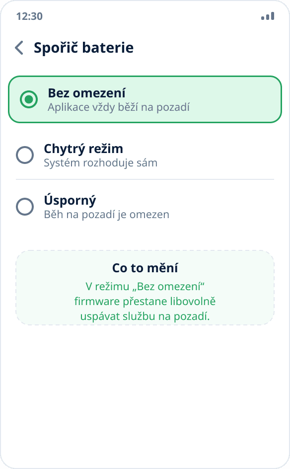 Výběr režimu spořiče baterie pro aplikaci: označeno „Bez omezení“