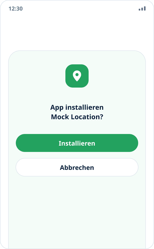 Installationsdialog des Systems für Mock Location mit den Schaltflächen „Installieren“ und „Abbrechen“