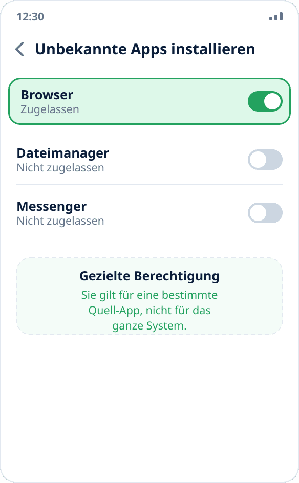 Android-Einstellungen: Die Berechtigung „Dieser Quelle vertrauen“ ist für den Browser aktiviert