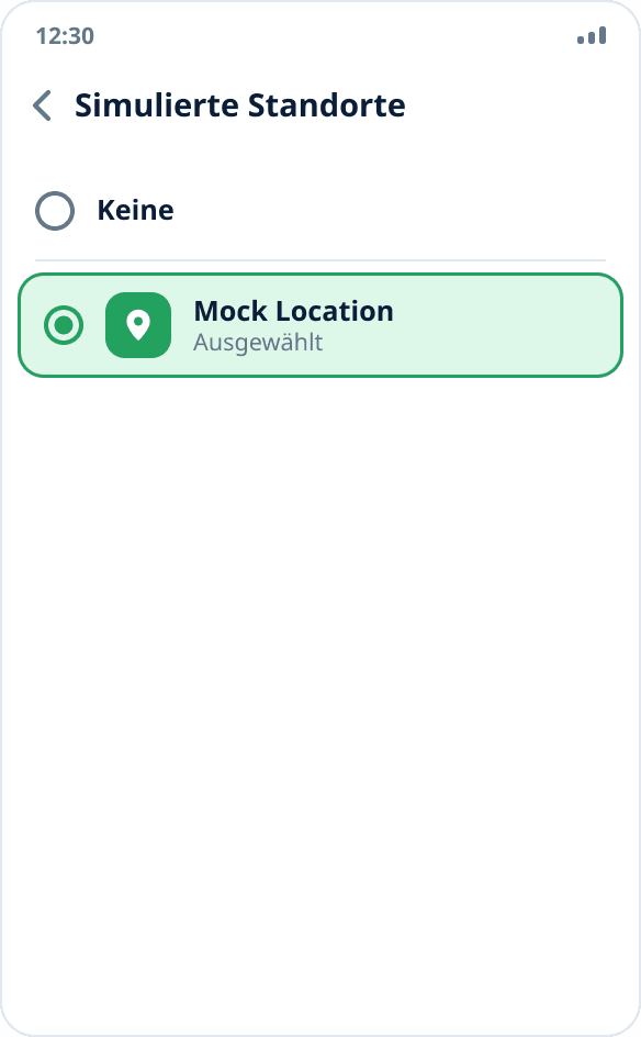 Auswahl der App für simulierte Standorte: Mock Location ist markiert, „Keine“ ist nicht ausgewählt