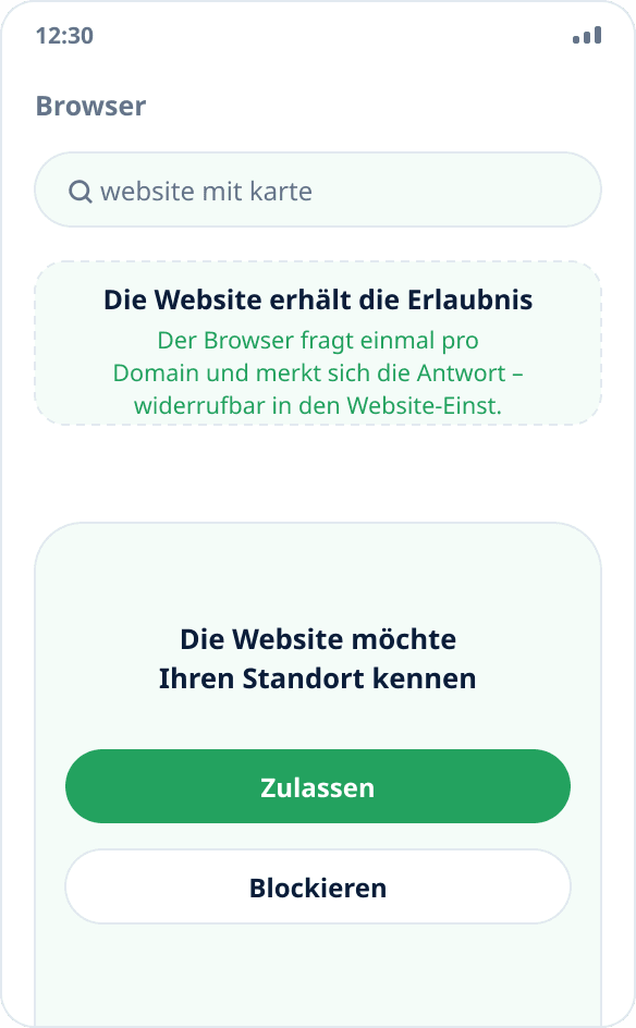 Browseranfrage zum Standortzugriff: Nach dem Erlauben erhält die Website die simulierten Koordinaten