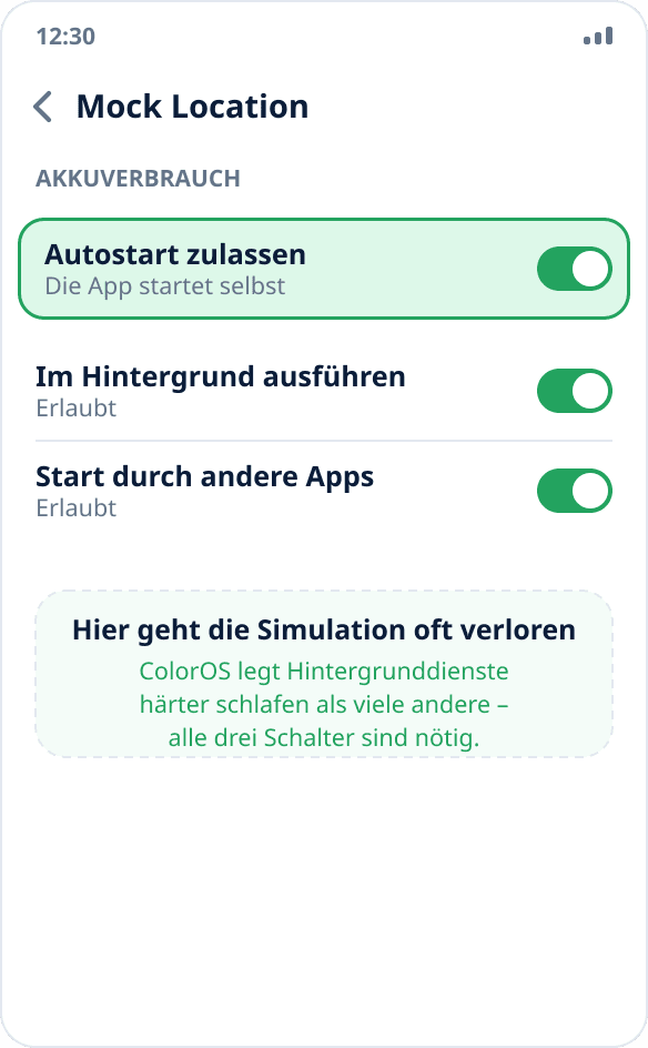 App-Verwaltung unter ColorOS: Autostart und Hintergrundaktivität sind für Mock Location erlaubt