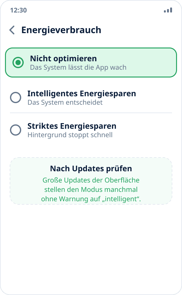 Auswahl des Energiemodus unter ColorOS: Für die App ist „Nicht optimieren“ markiert
