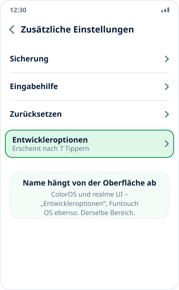 Der Bereich „Zusätzliche Einstellungen“ unter ColorOS: „Entwickleroptionen“ am Ende der Liste