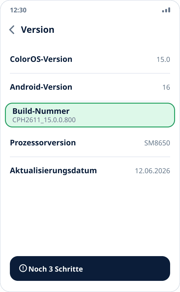 Der Bildschirm „Version“ bei realme und OPPO: der Eintrag „Build-Nummer“, auf den man siebenmal tippen muss