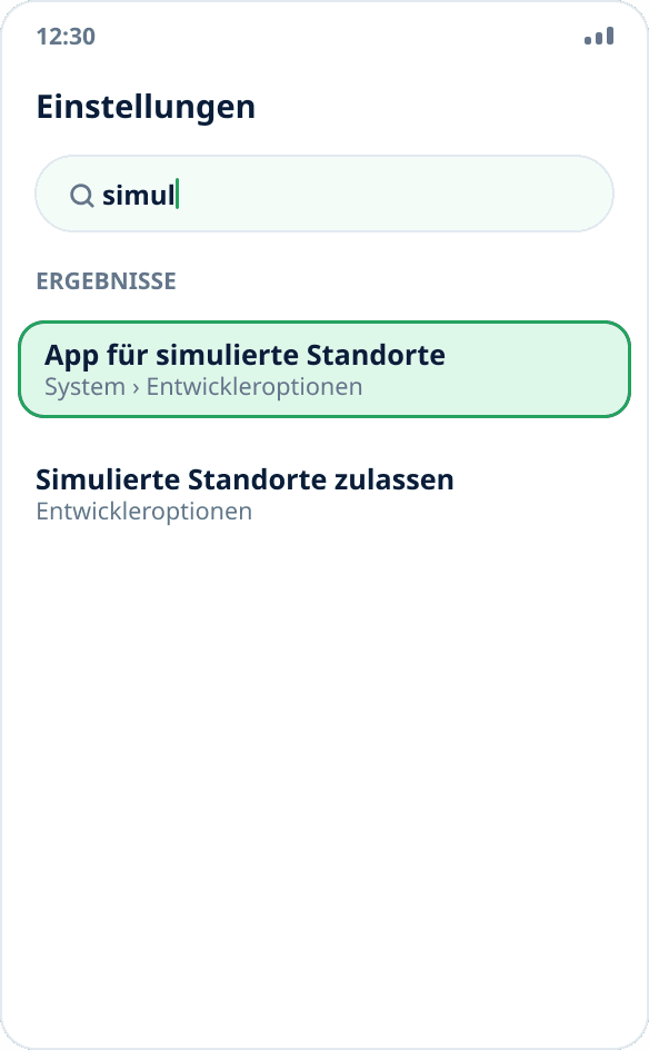 Suche in den Android-Einstellungen: Der Eintrag „App für simulierte Standorte auswählen“ wird gefunden