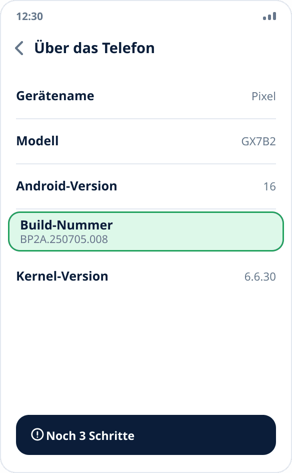 Der Bildschirm „Über das Telefon“ in den Android-Einstellungen: Der Eintrag „Build-Nummer“ ist hervorgehoben, unten ein Hinweis auf die verbleibenden Tipper